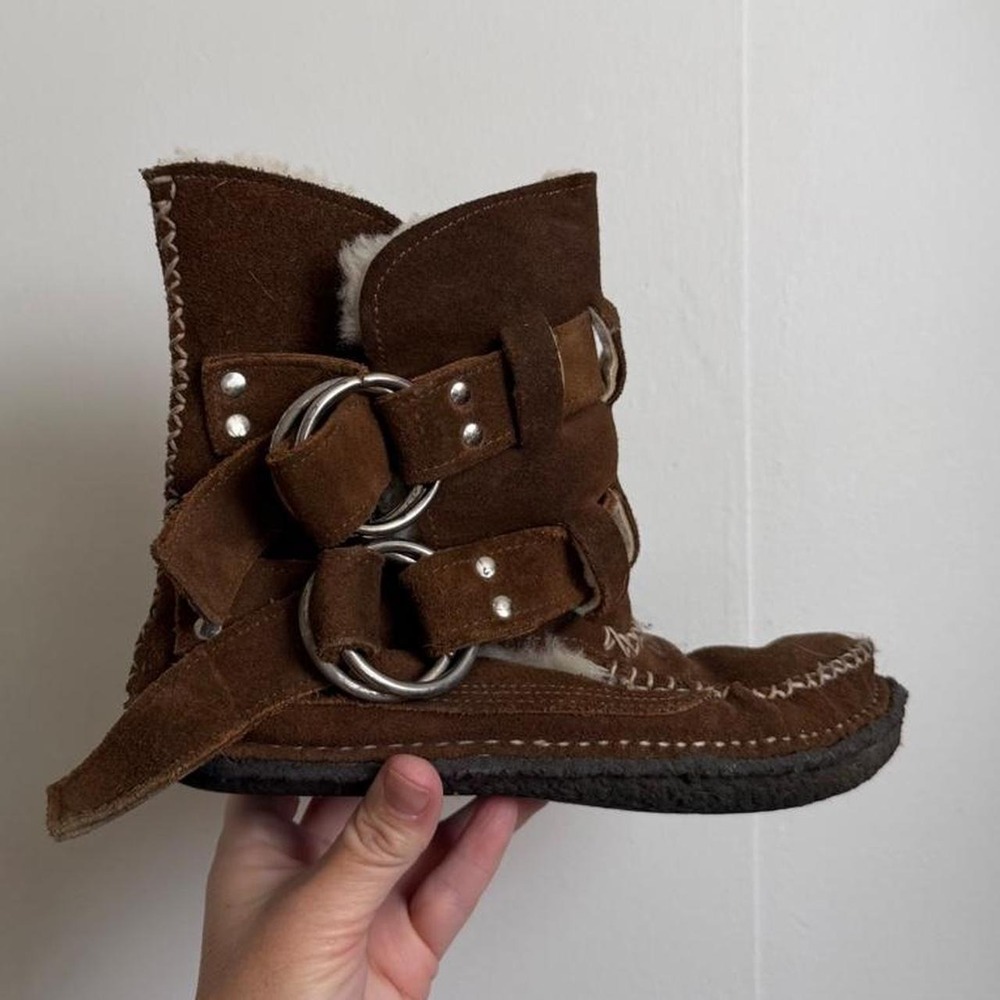 Quoddy Double Ring Twin Strap Shearling Boots Brown Suede Moccasin Womens 6